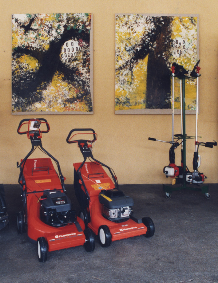 Adam Adach, Dendrology (Kabbalah), 1995, plastic numbers and mixed paintings on canvas, lown mowers in garden store, Lyon, France.