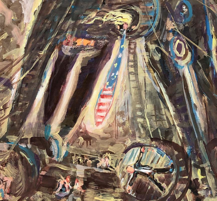 Tweet by William Turner about destruction of Sodoma & Gaffa, 2019, oil on canvas, 140x170cm.
